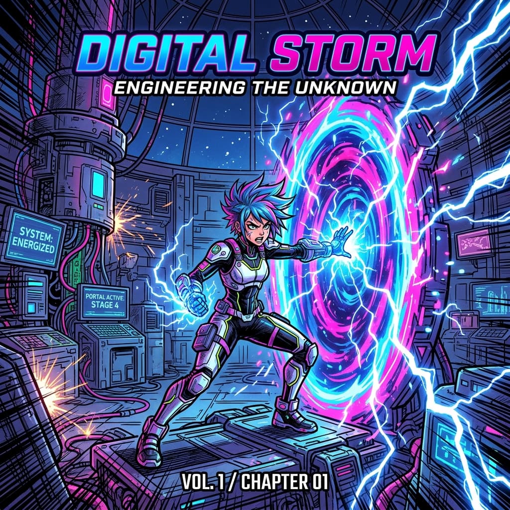 Futuristic digital portal engineering laboratory illustration